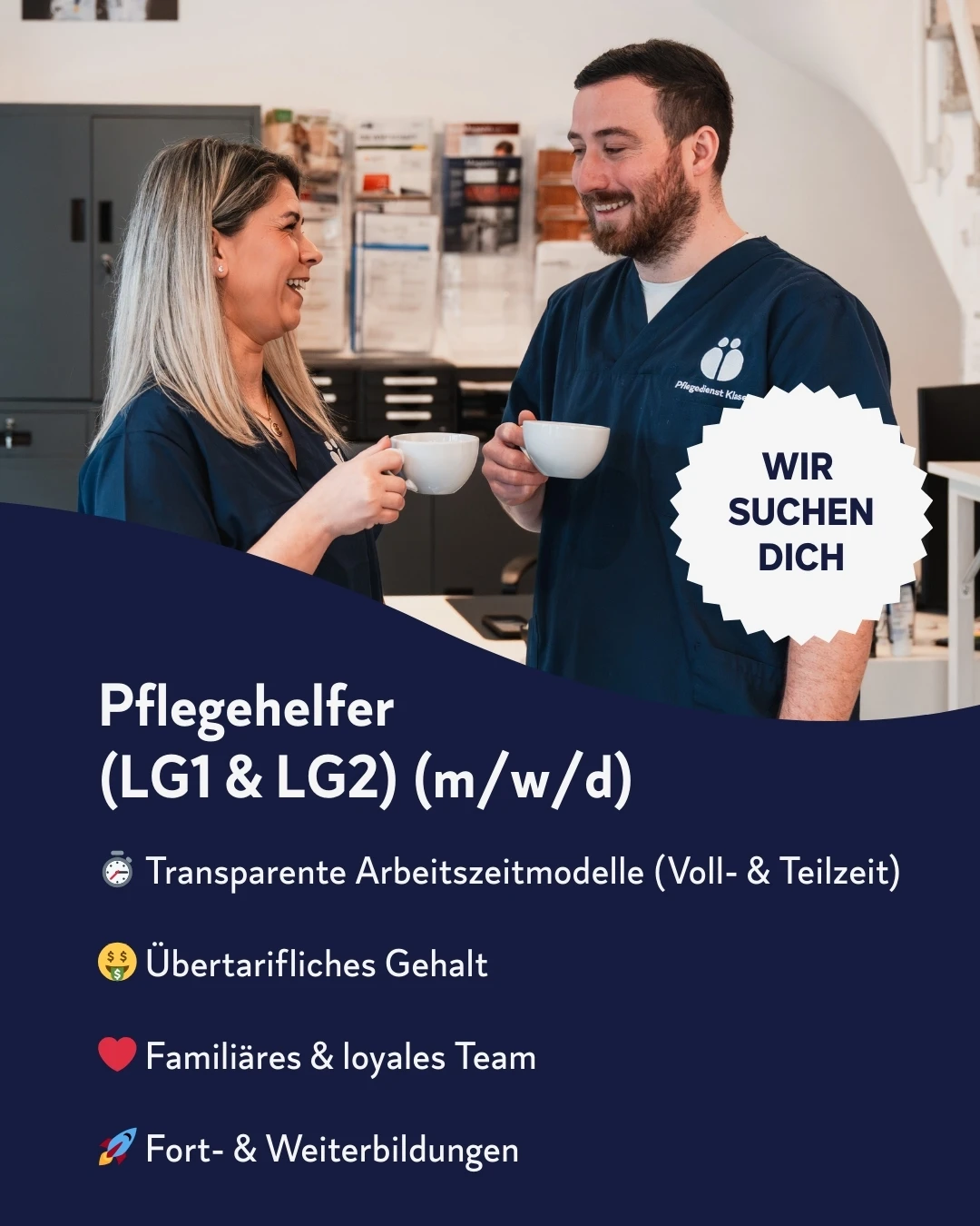 Pflegehelfer bei Pflegedienst Klasen: Teamarbeit, transparente Arbeitszeitmodelle, familiäres Umfeld und Weiterbildungsmöglichkeiten.