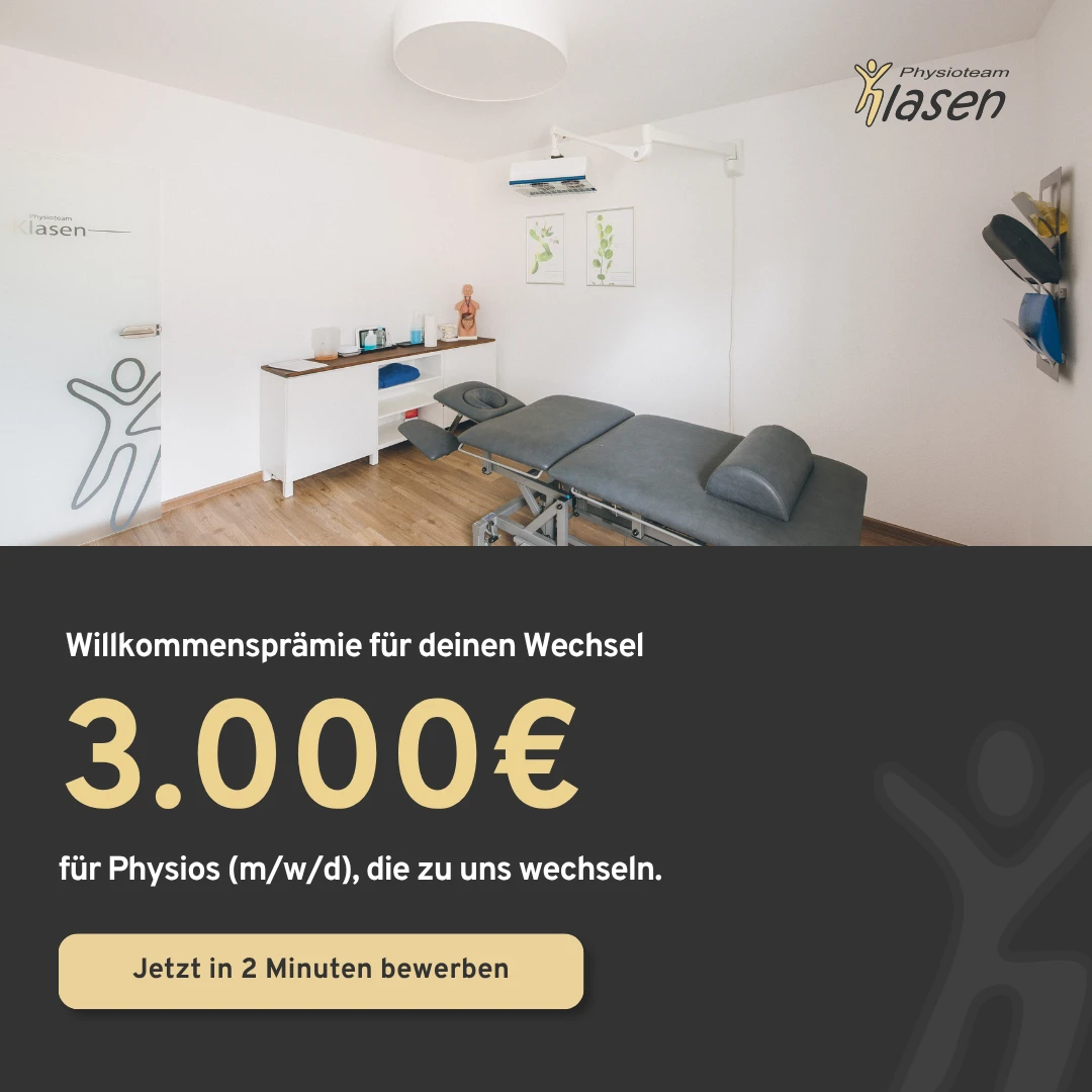Moderne Physiotherapiepraxis mit Angeboten zur Mitarbeitergewinnung und Willkommensprämie für neue Physios.