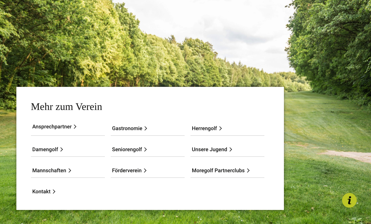 Grüne Golfanlage mit Informationsbereich über Vereinsangebote und Ansprechpartner.