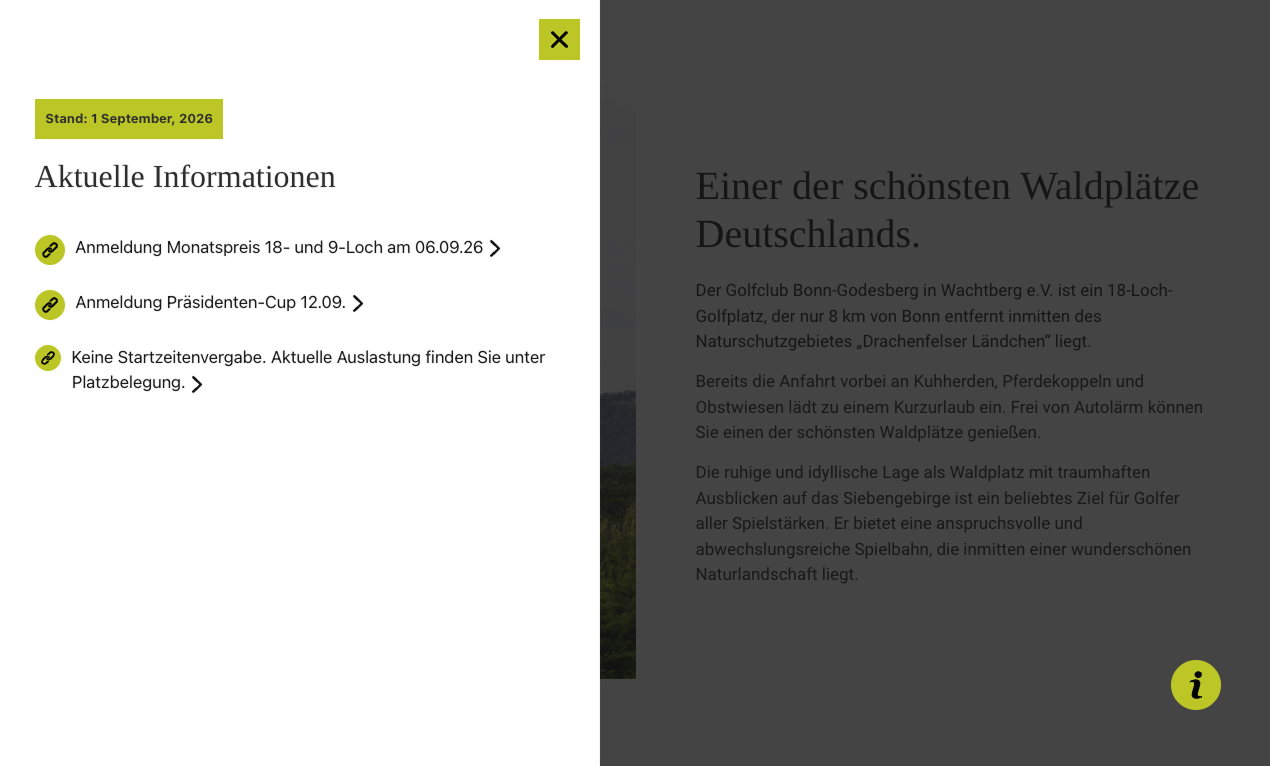 Aktuelle Informationen zum Golfclub Bonn-Godesberg mit Anmeldungen und Platzbelegungshinweisen.