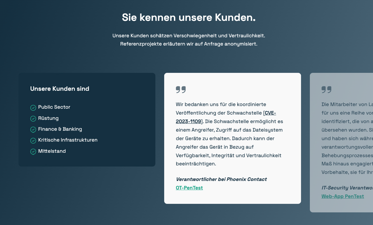 Kundenreferenzen und Schwachstellenanalyse im Bereich IT-Sicherheit und Datenschutz.