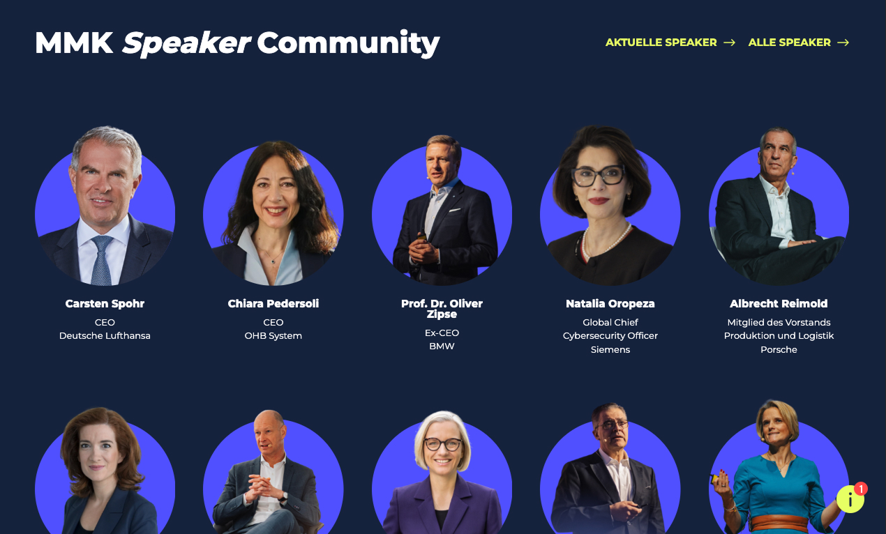 Fünf führende CEOs und Experten der MMK Speaker Community auf einem blauen Hintergrund.