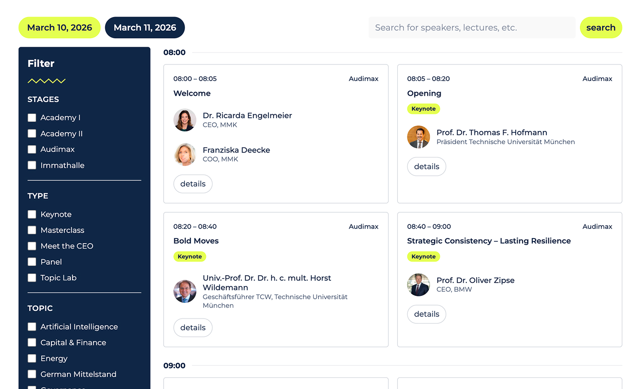 Agenda für das Event am 10. und 11. März 2026 mit Keynote-Sprechern im Audimax.