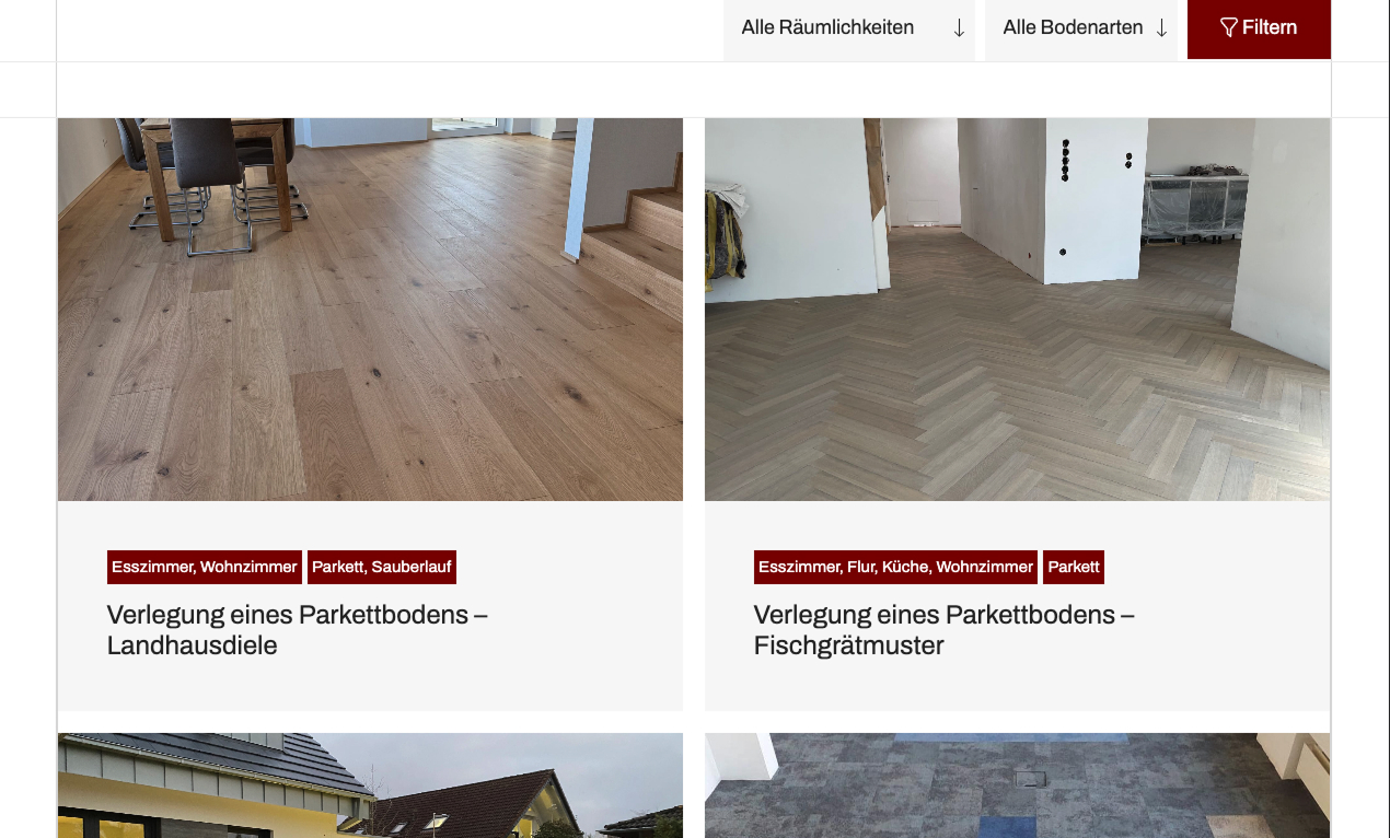 Verlegung von Parkettböden in Landhausdiele und Fischgrätmuster in verschiedenen Wohnräumen.