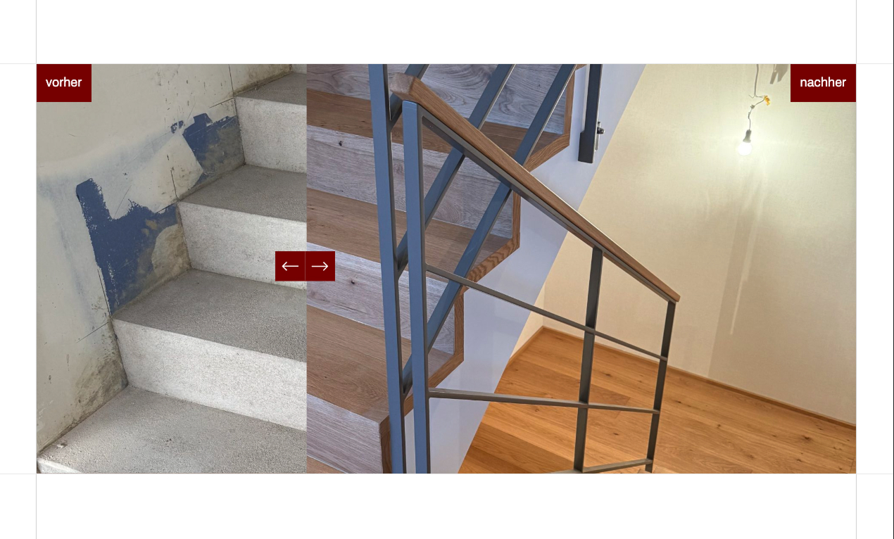 Vorher-Nachher-Vergleich einer Treppe mit renoviertem Geländer und neuem Bodenbelag.