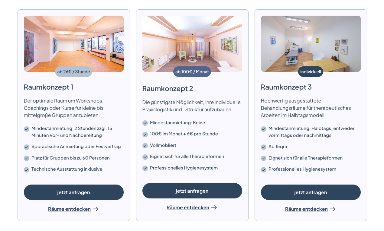 Drei Raumkonzepte für Workshops, Coachings und therapeutische Behandlungen in modernen, gut ausgestatteten Räumen.