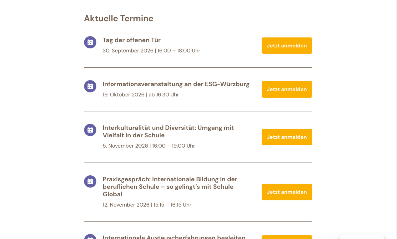 Aktuelle Termine für Informationsveranstaltungen und Veranstaltungen an der ESG-Würzburg im Jahr 2026.